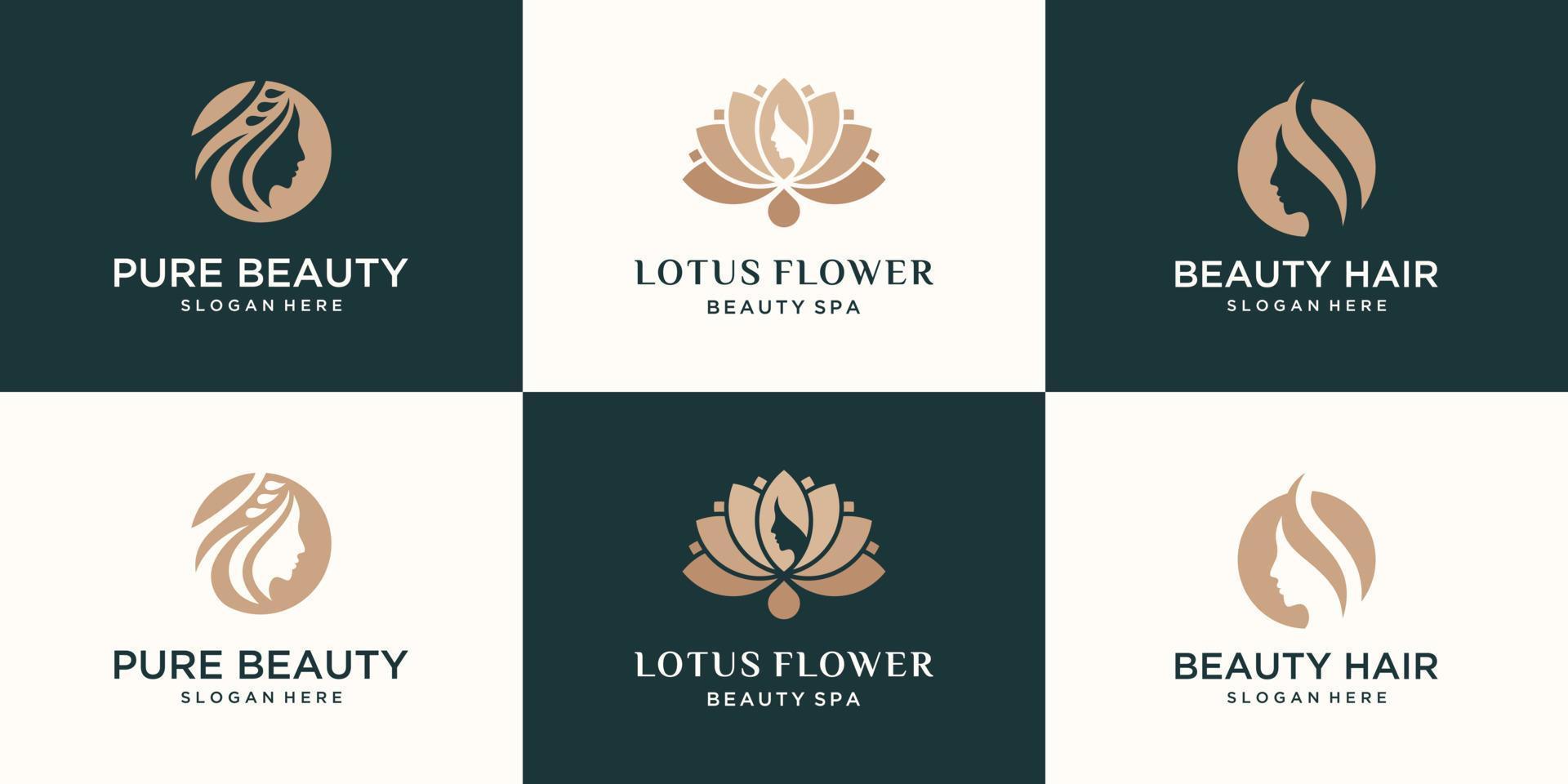 set sammlung feminine luxus schönheit gesicht frauen lotusblume und blatt logo design vektor