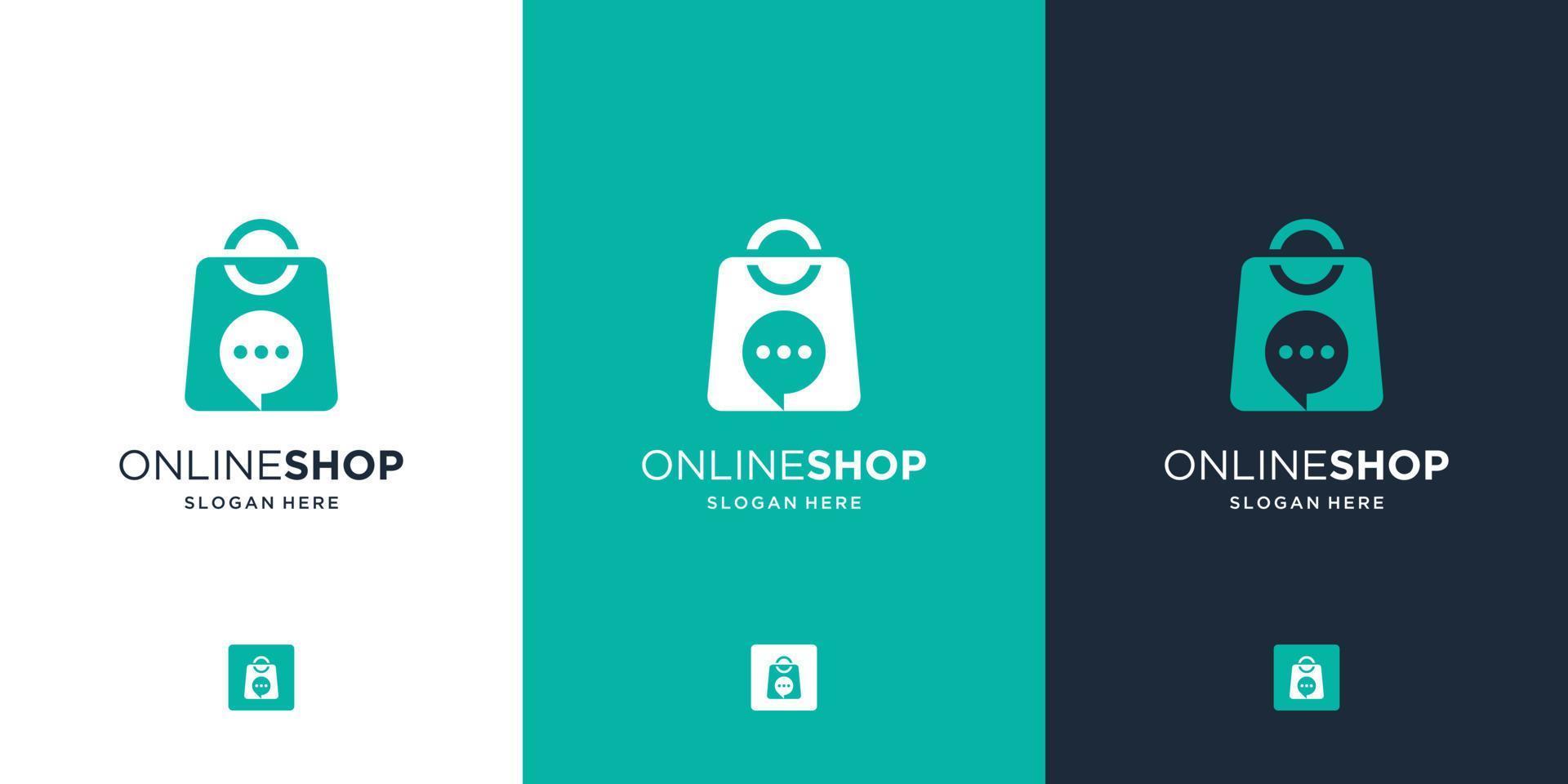 Modernes Online-Shop-Logo mit kreativem Mähdrescherbeutel und Bubble-Chat-Symbol vektor