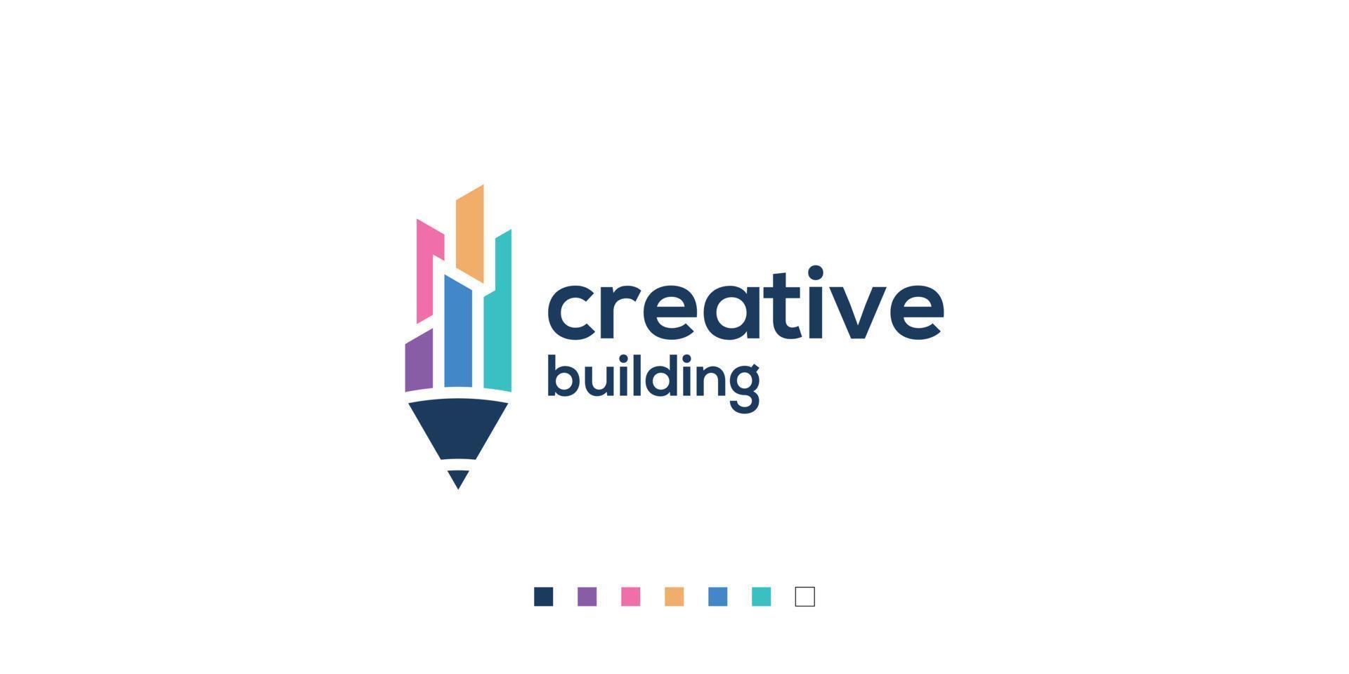 kreativ byggnad logotyp design vektor mall, modern logotyp begrepp penna och byggnad.