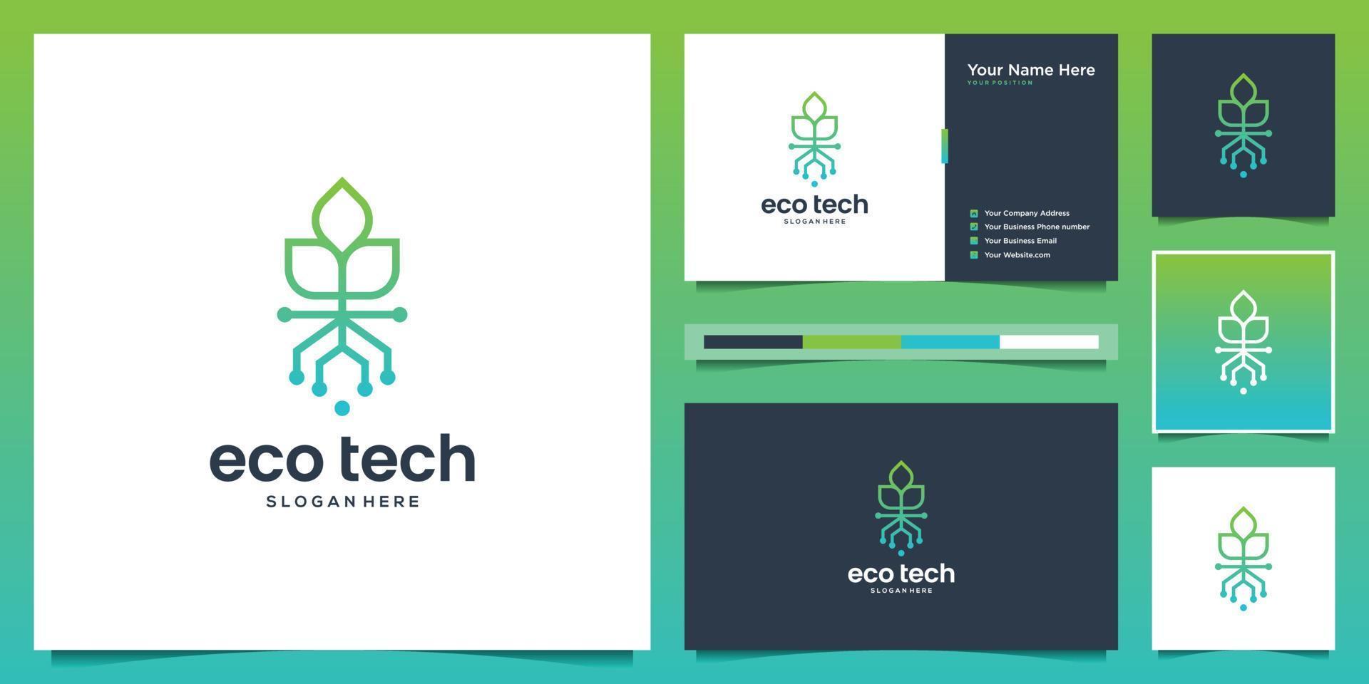 minimalistisk träd tech logotyp design mall. kreativ aning logotyp blad och data punkt med företag kort. vektor