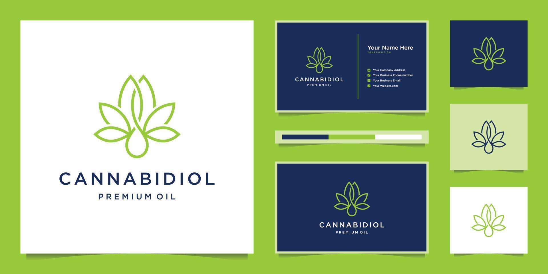 Kombinieren Sie Blatt und Tropfen mit Strichzeichnungen. Premium-CBD-Öl, Marihuana, Cannabis-Logo-Design und Visitenkarte. vektor