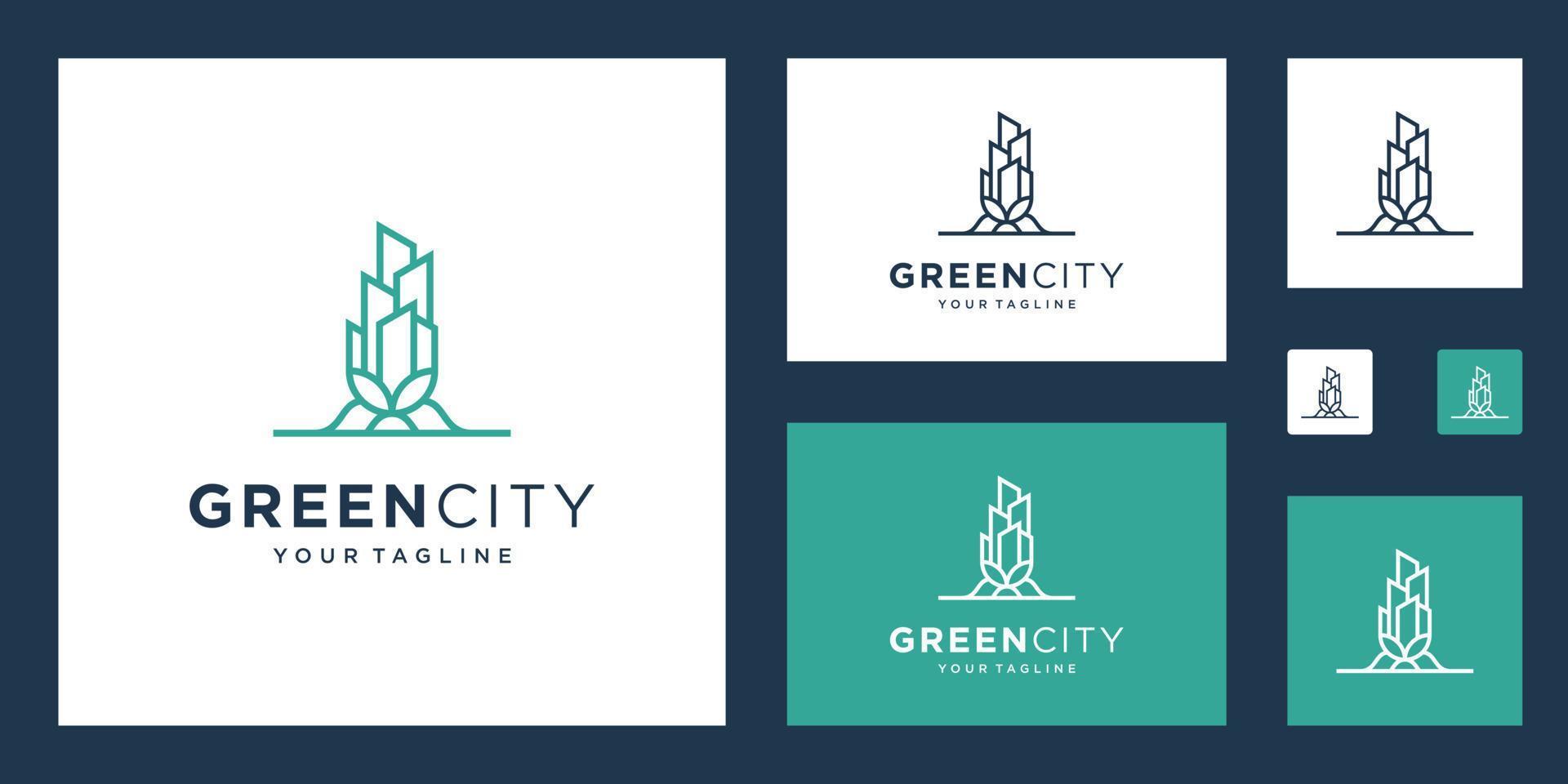 grüne Stadt Logo Design Vektor Vorlage Gebäude. minimalistisches Gliederungssymbol für umweltfreundliche Gebäude.