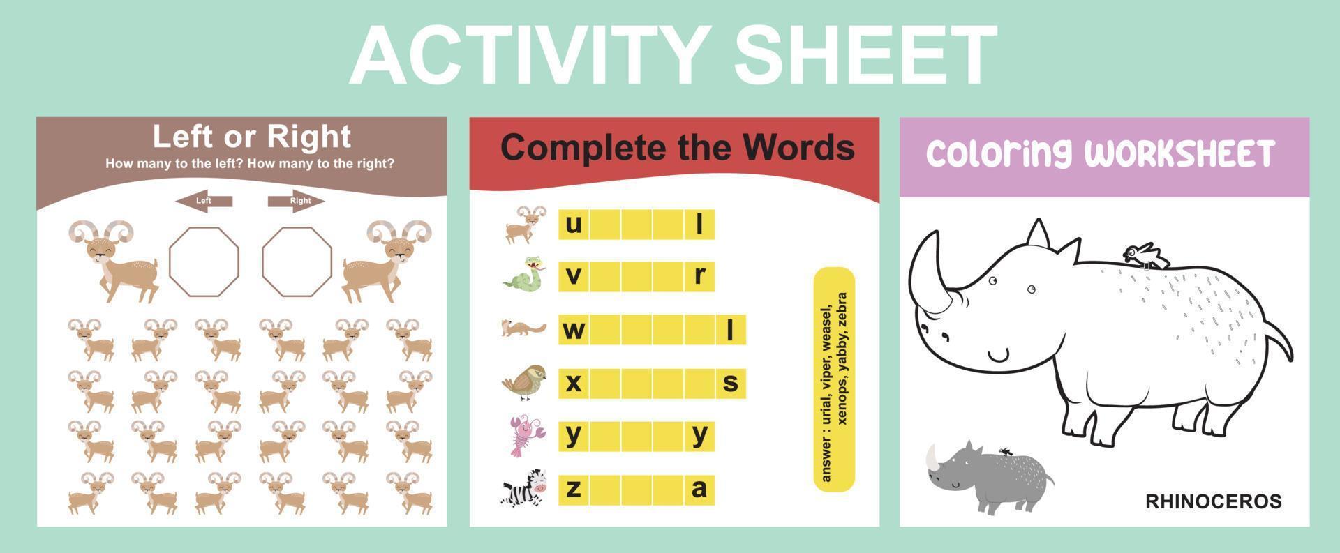 pedagogisk tryckbar arbetsblad. aktivitet ark för barn med djur- tema. färg ark, räkning vänster eller rätt djur, komplett de ord aktivitet. vektor fil.
