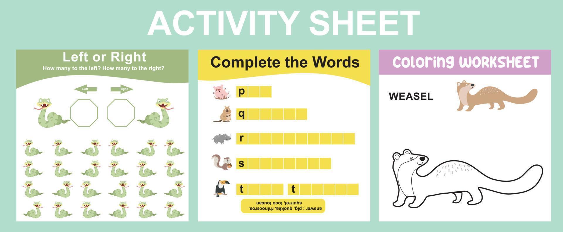 pedagogisk tryckbar arbetsblad. aktivitet ark för barn med djur- tema. färg ark, räkning vänster eller rätt djur, komplett de ord aktivitet. vektor fil.