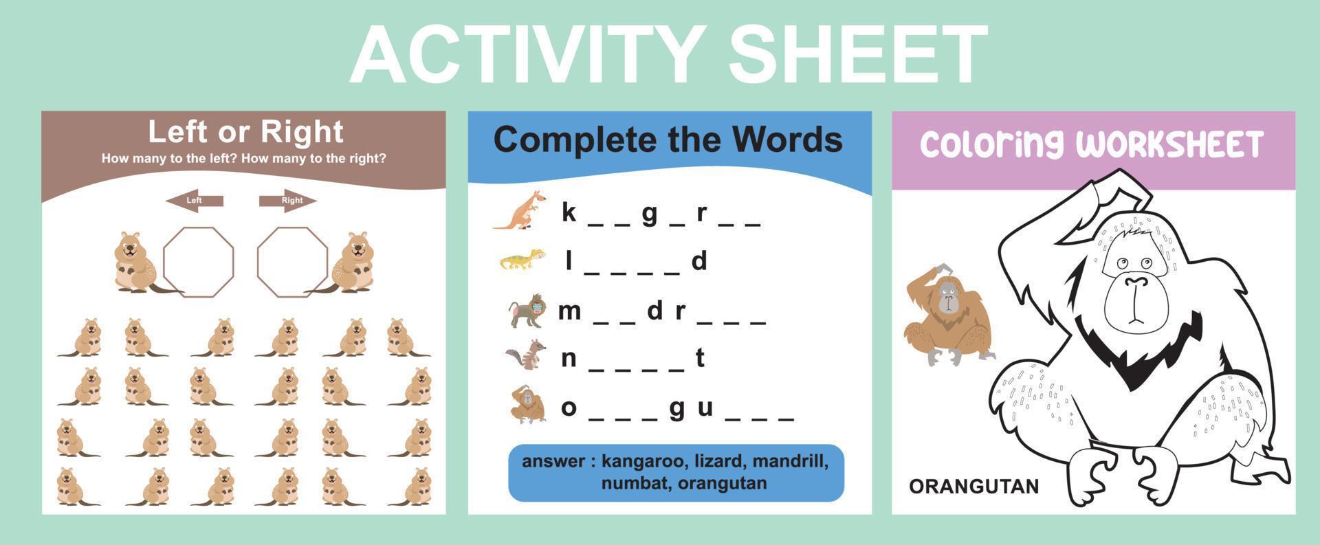 pedagogisk tryckbar arbetsblad. aktivitet ark för barn med djur- tema. färg ark, räkning vänster eller rätt djur, komplett de ord aktivitet. vektor fil.