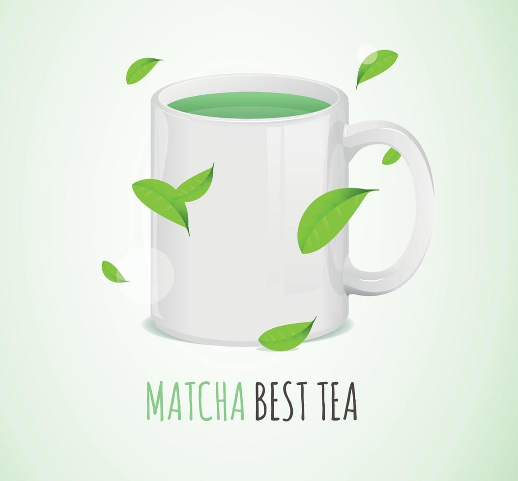 realistische 3d-detaillierte matcha-tasse mit elementen lebendiger grüner teeblätter konzept banner kartenhintergrund. Vektor