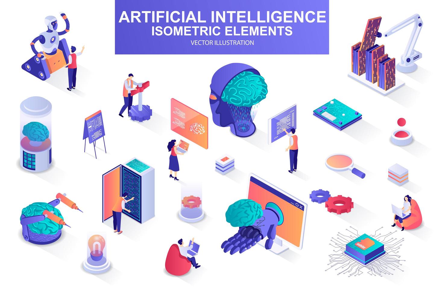 artificiell intelligens bunt av isometriska element. vektor