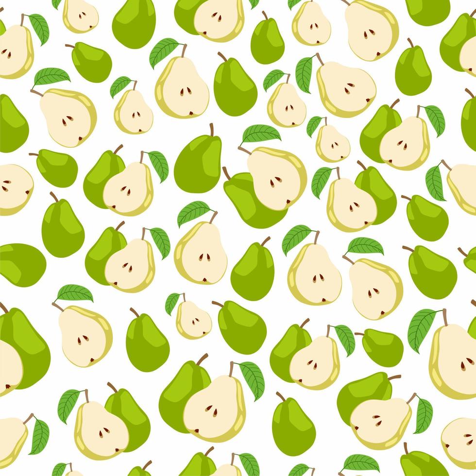 grön och gul päron på sömlös bakgrund. mönster, textil, tyg, skriva ut eller omslag papper. saftig frukt. grön lövs. vektor