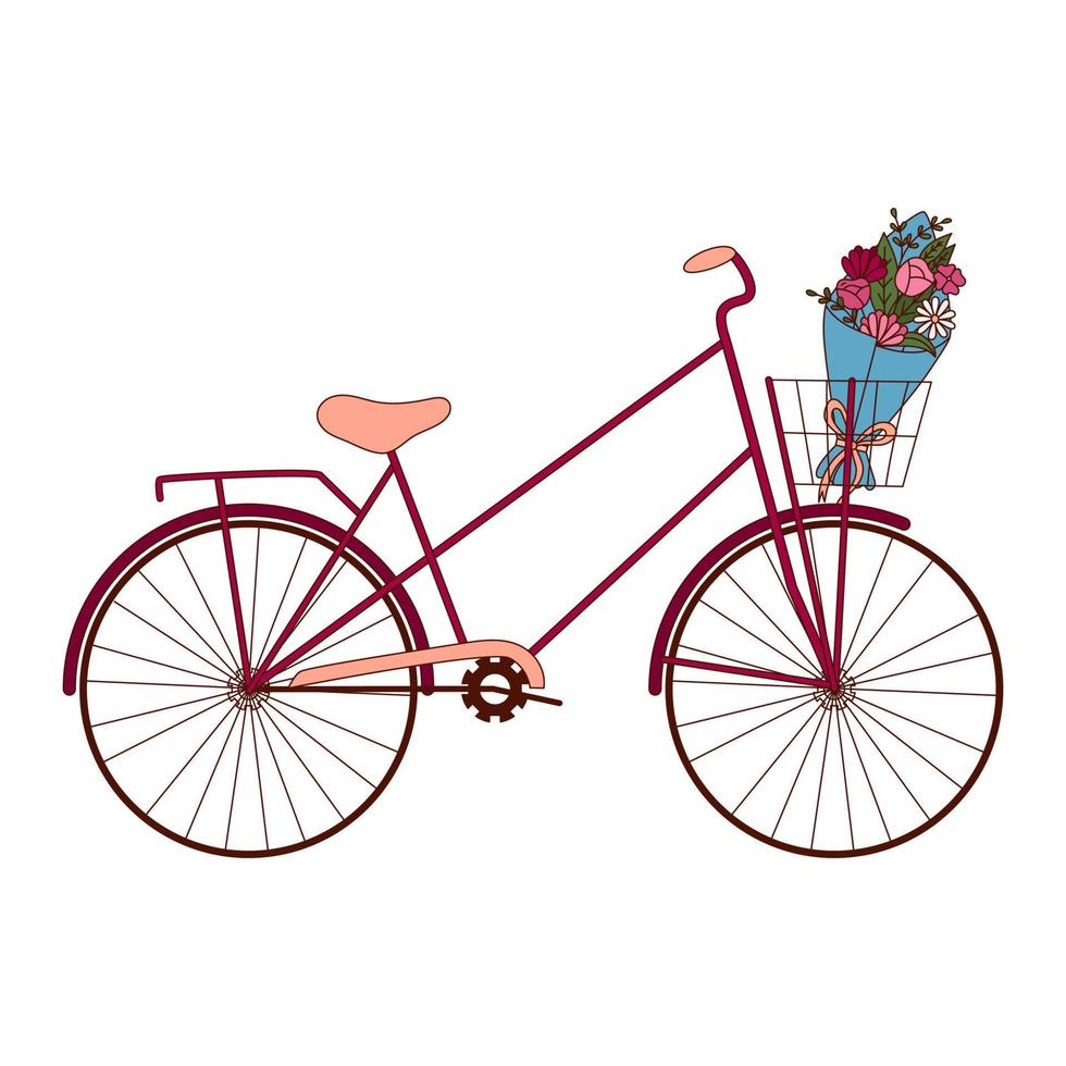 hand dragen cykel och en bukett av blommor för valentine dag. design element för affischer, hälsning kort, banderoller och inbjudningar. vektor