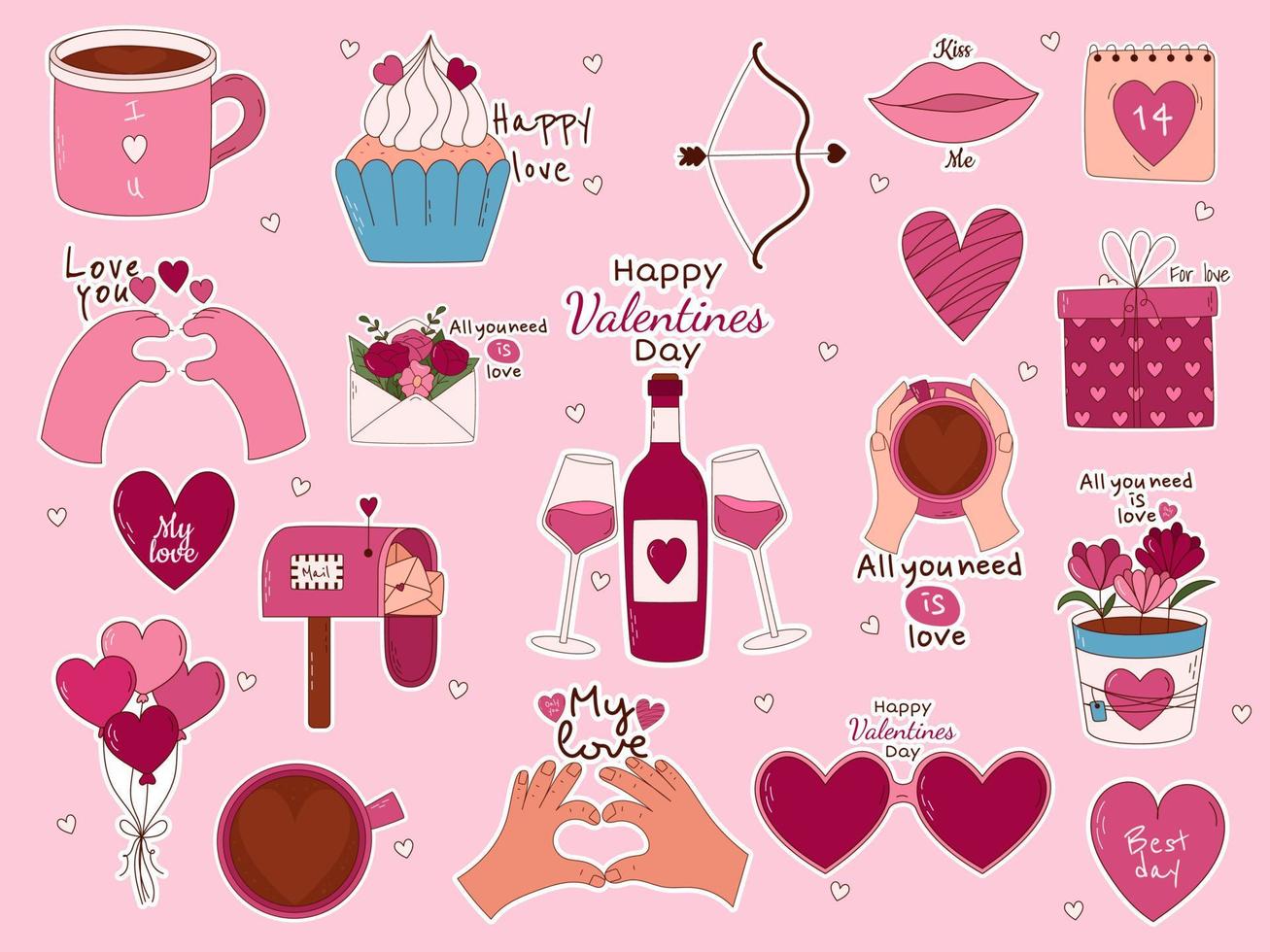 valentinstag handgezeichnete elemente für poster, grußkarten, banner und einladungen. großes Aufkleberset aus Herz, Süßigkeiten, Kaffee, Cupcake, Schlüssel, Süßigkeiten, Brief, Diamant, Blume, Geschenk, Ballon, Kuss vektor