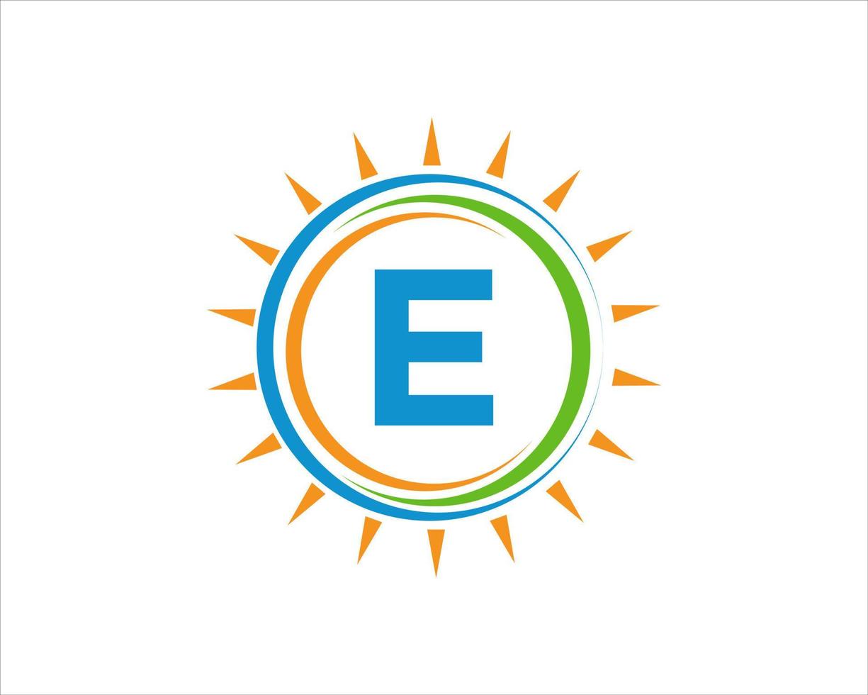 buchstabe e sonnenlogo. Logo-Vorlage für die elektrische Landwirtschaft der Solarpanel-Farm vektor