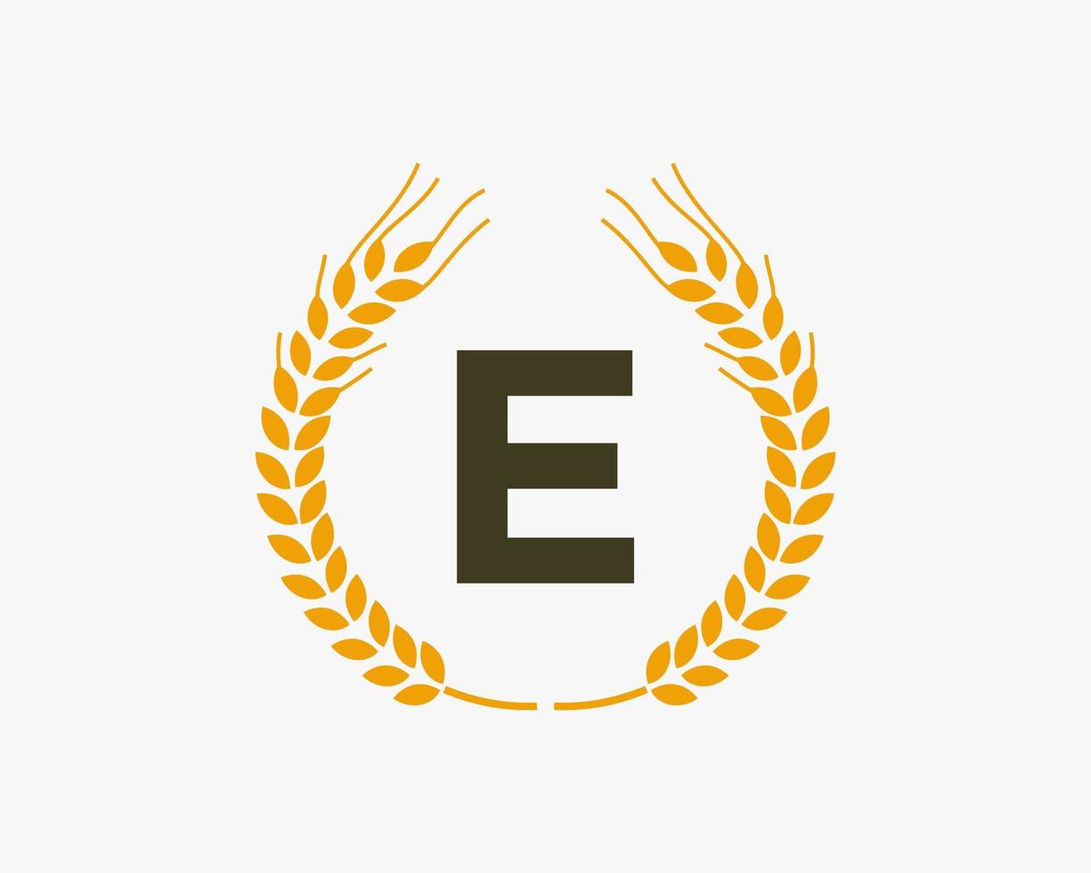 brev e lantbruk logotyp design med vete symbol vektor