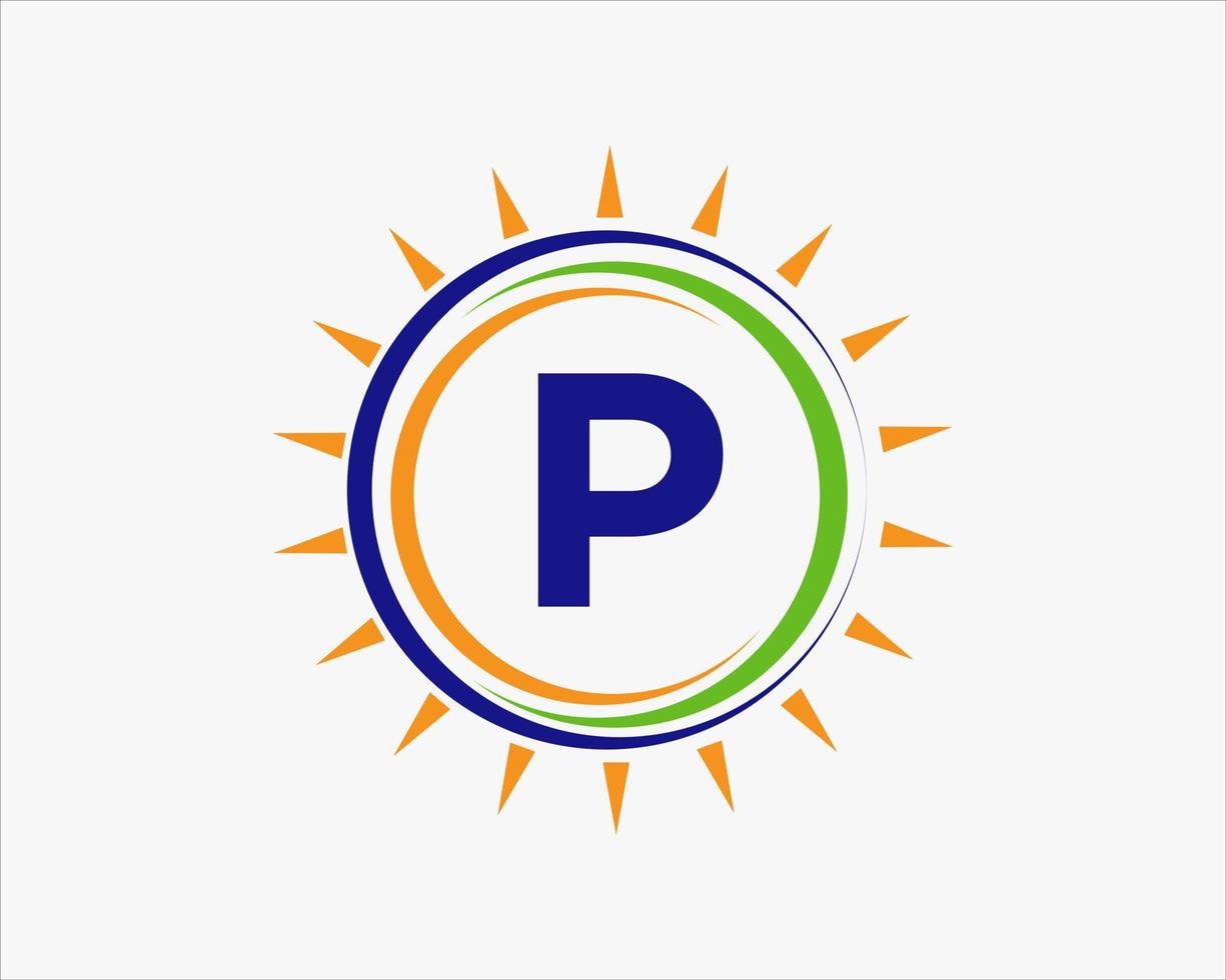 brev p Sol logotyp. sol- panel bruka elektrisk jordbruk industri logotyp mall vektor