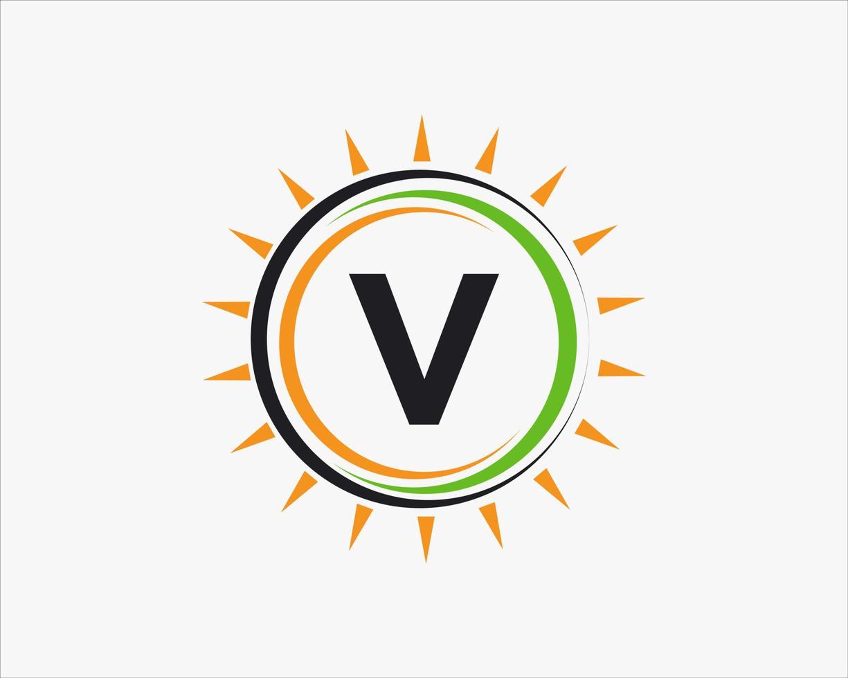 buchstabe v sonnenlogo. Logo-Vorlage für die elektrische Landwirtschaft der Solarpanel-Farm vektor