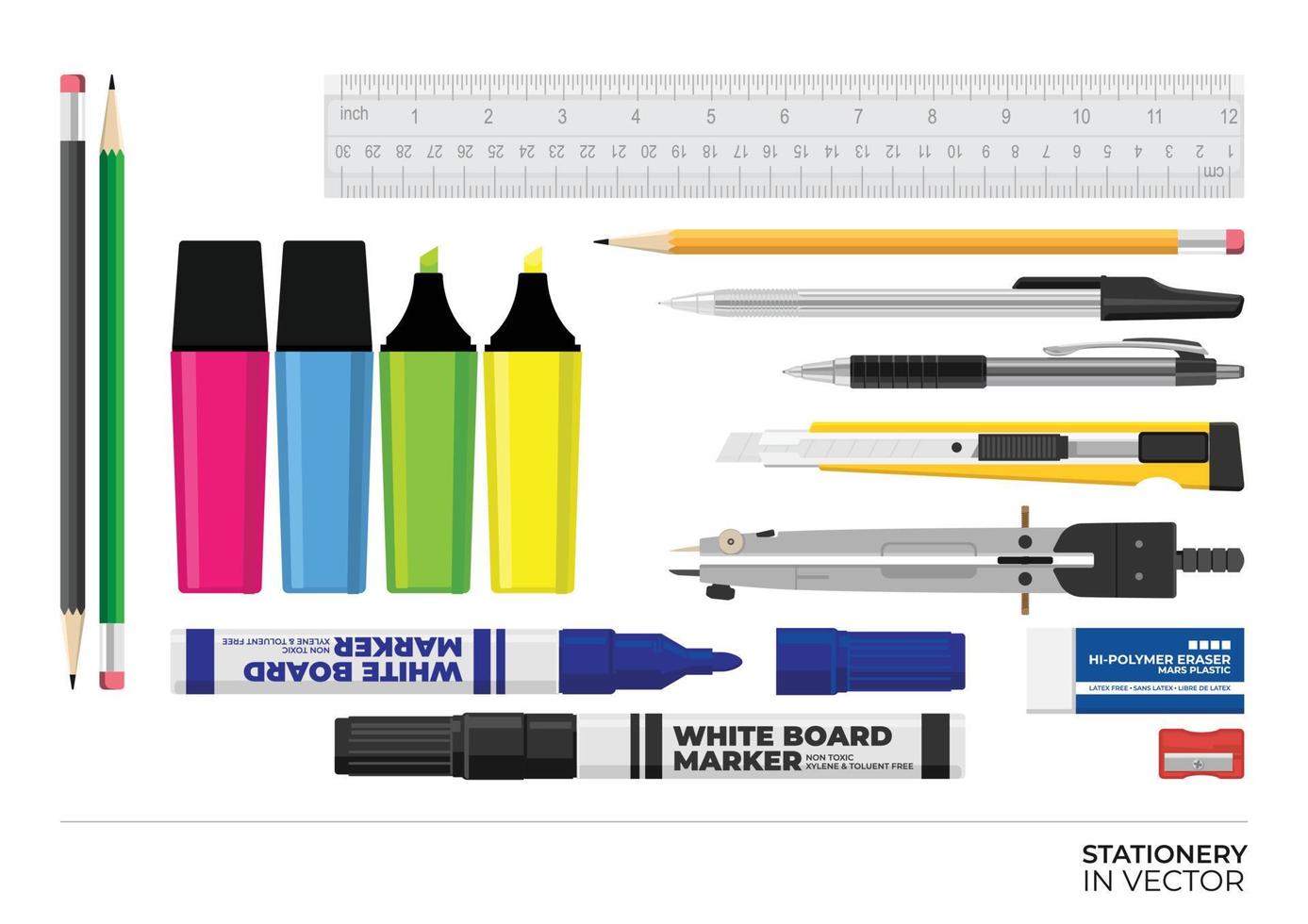 Schreibwaren-Set mit Schreibutensilien. Schreibwerkzeuge für die Arbeit, tägliche Aktivitäten mit Kugelschreiber, Bleistifte, Lineal, Radiergummi, Kompass, Anspitzer, Whiteboard-Marker, Cutter. farbiges Briefpapier. vektor