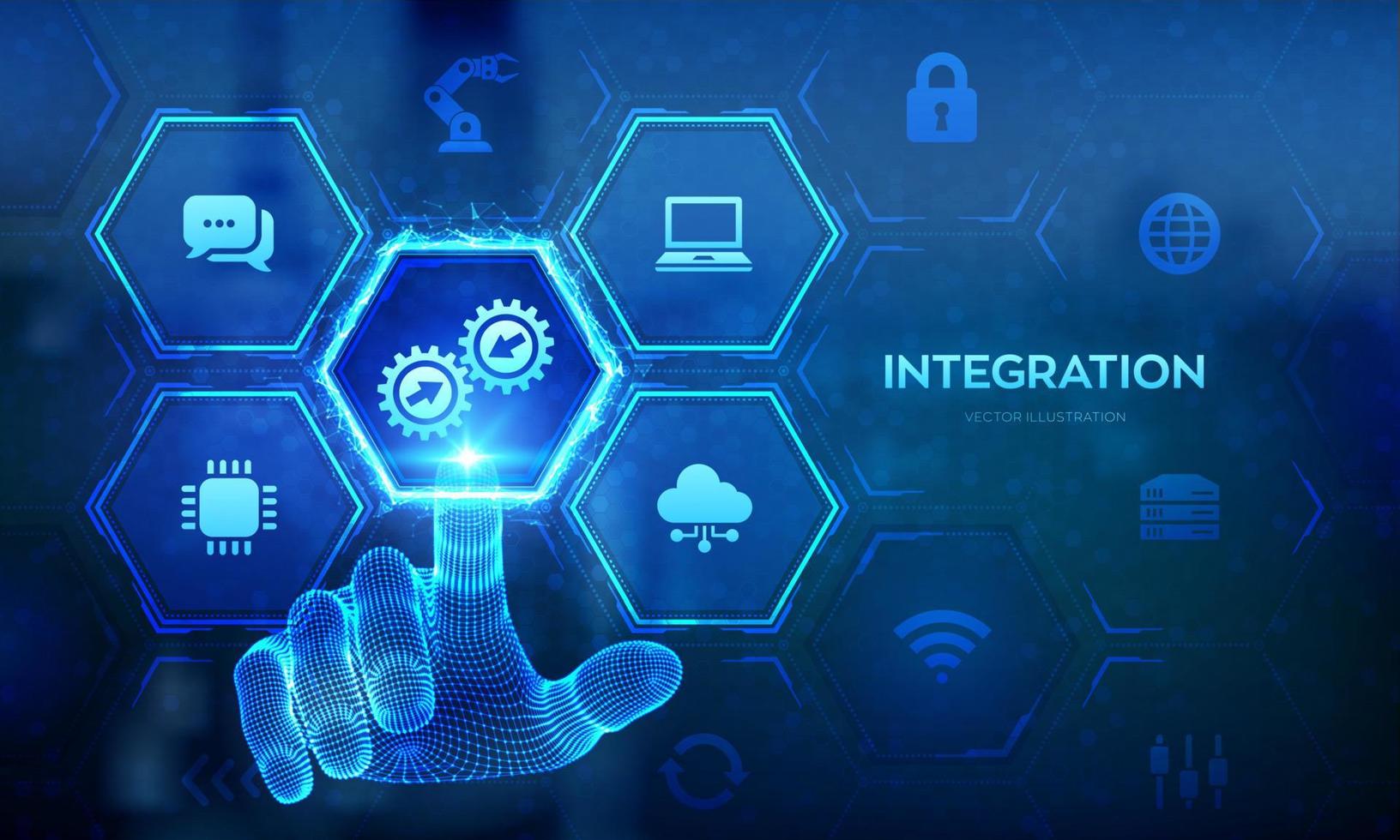 integration data systemet. systemet integration teknologi begrepp. industriell och smart teknologi. företag och automatisering lösningar. trådmodell hand rörande digital gränssnitt. vektor illustration.