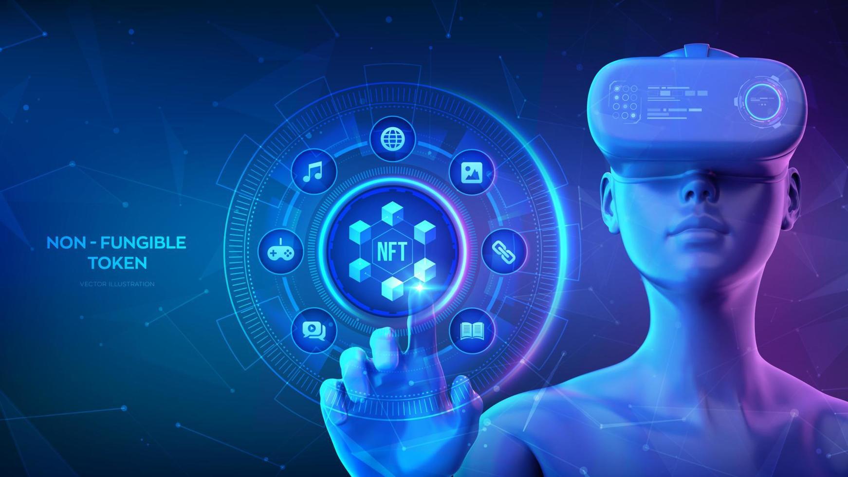 nft. nicht fungibles Token digitales Kryptokunst-Blockchain-Technologiekonzept. Investition in Kryptografie. Cyberspace des Metaversums. Mädchen, das eine vr-Headset-Brille trägt und die digitale Schnittstelle berührt. Vektor. vektor