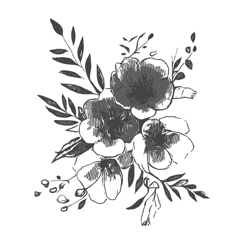 konst samling av naturlig blommig ört- löv blommor i silhuett stil. dekorativ skönhet elegant illustration för hand dragen blommig design vektor