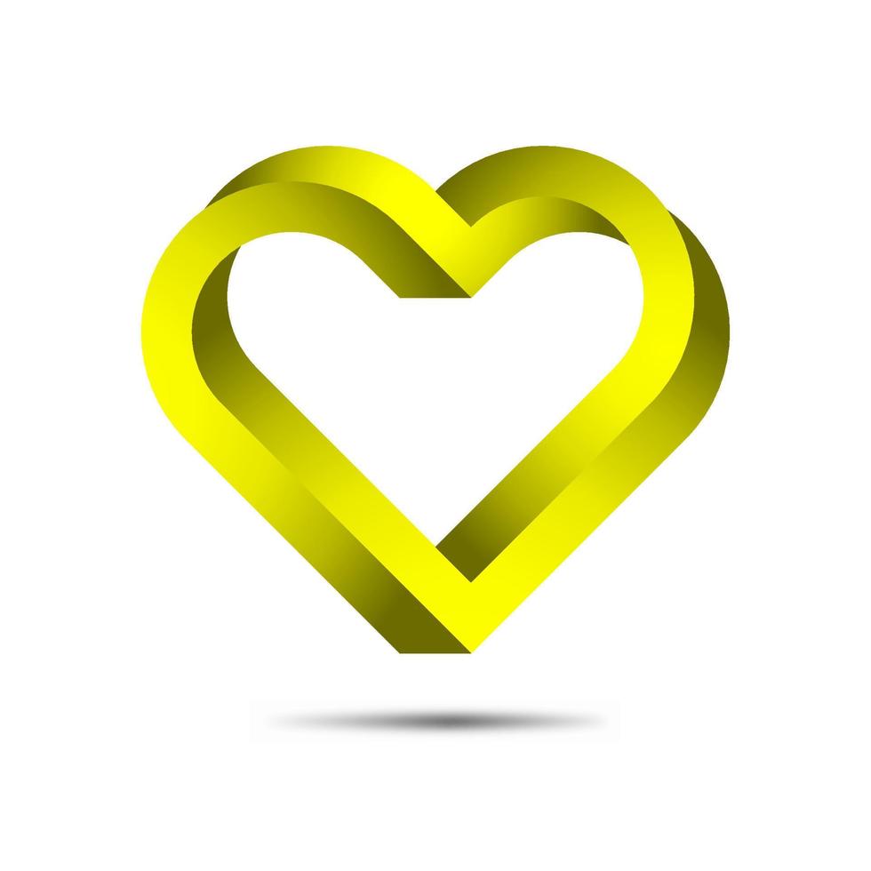3D gelber Farbverlauf stilvoller unmöglicher Herzlogovektor. Umrissene Herzen lieben das Symbol für die Valentinstagskarte. vektor