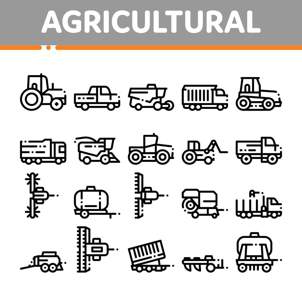 landwirtschaftliche Fahrzeuge Vektor dünne Linie Symbole gesetzt