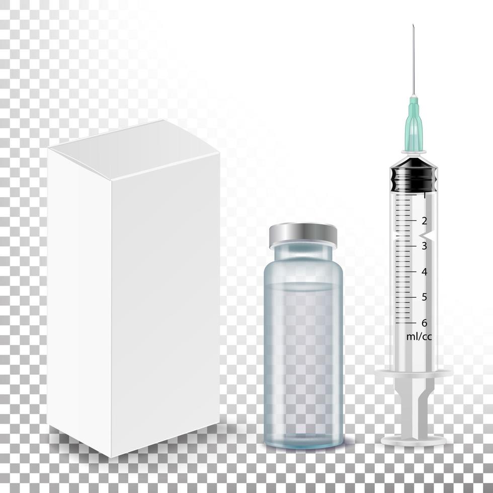 medicinsk ampull, vit paket låda, spruta vektor. realistisk isolerat illustration vektor