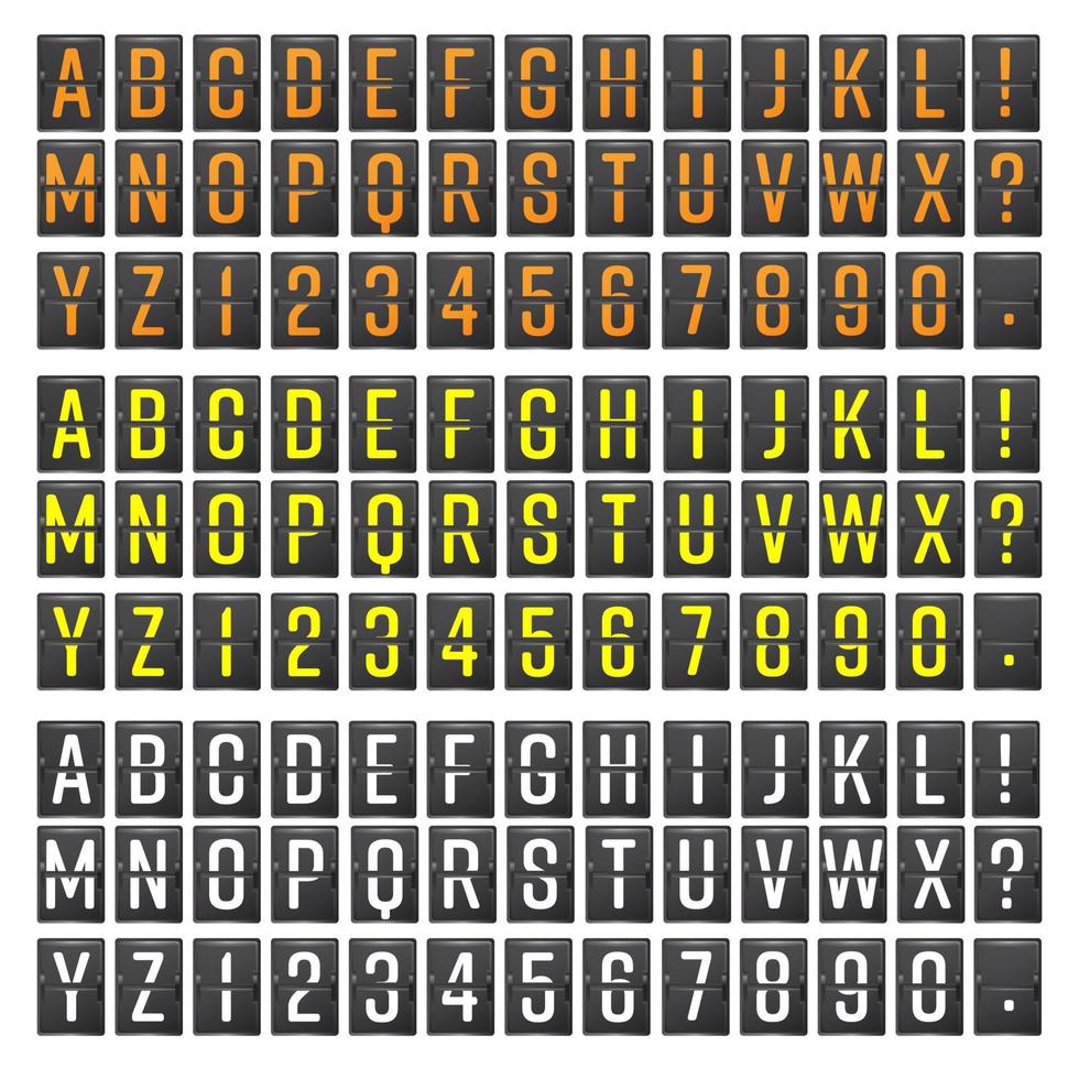 Flughafen-Board-Vektor. realistische Flip-Scoreboard-Flughafenvorlage. Schwarzes 3D-Flughafenbrett mit Alphabet und Zahlen. analoge flughafentafelschrift auf dunklem hintergrund. Zielflughafentafel eps vektor