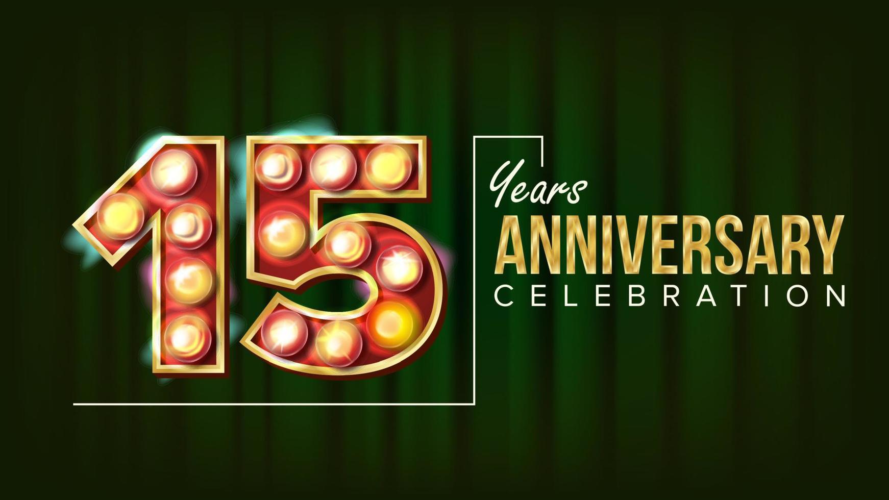 15 år årsdag baner vektor. femton, femtonde firande. lysande lampor siffra. för fest, baner, bricka design. företag grön bakgrund illustration vektor