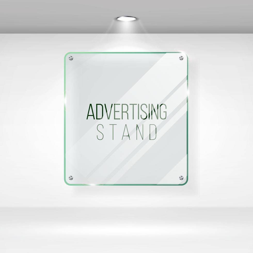 Werbeständer Glasvektor. realistisches glas an einer wand mit lichtern. gut für Bilder und Werbung. Bannervorlage für Designer. Vektor eps 10