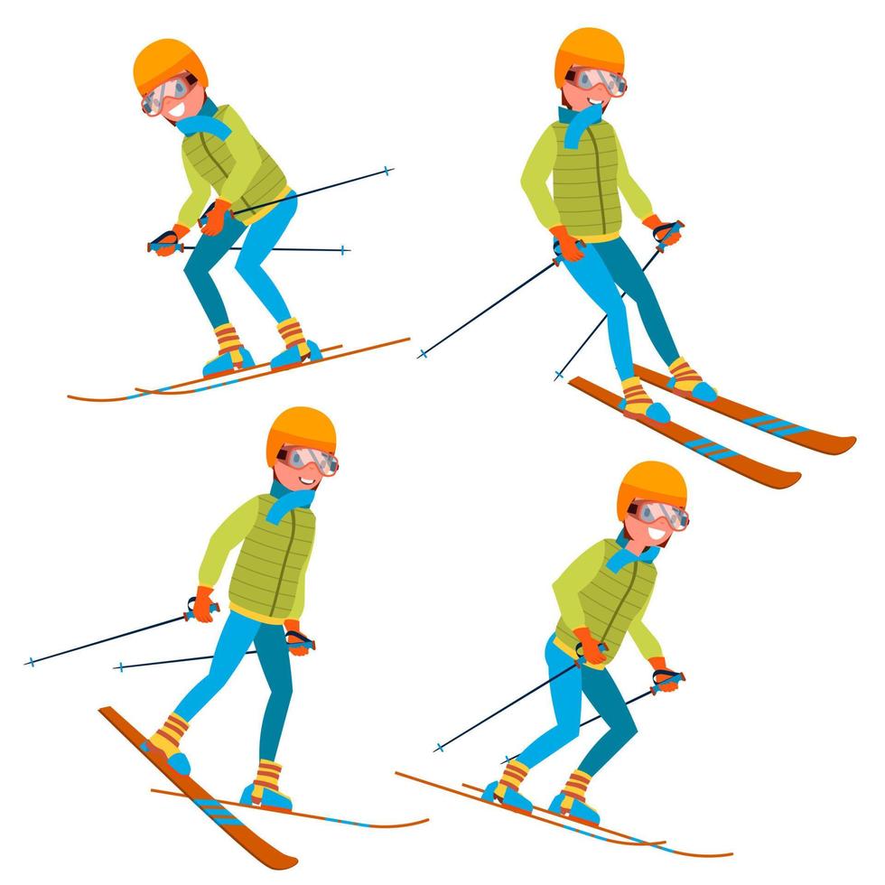 skidåkning manlig vektor. med glasögon och åka skidor kostym. skidåkning i vinter. isolerat platt tecknad serie karaktär illustration vektor