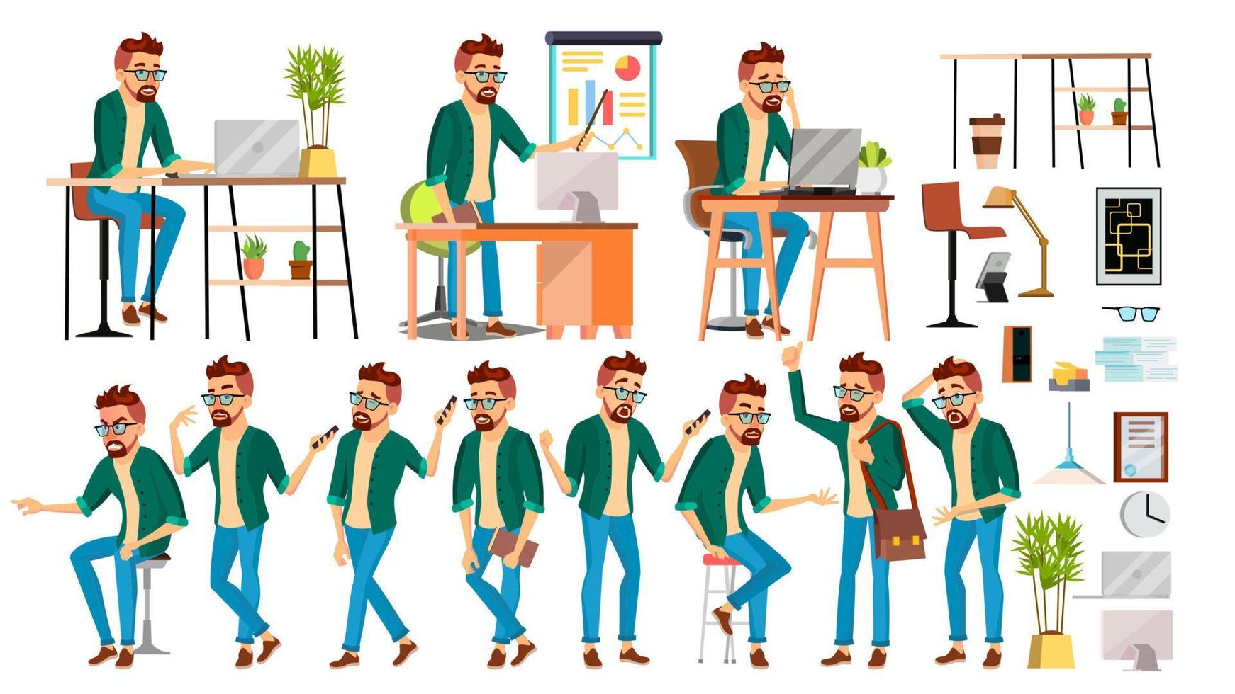 Geschäftsmann Charakter Vektor. Hipster arbeitende Menschen eingestellt. Büro, Kreativstudio. Arbeiter. volle Länge. Programmierer, Designer, Manager. Posen, Gesicht Emotionen. karikaturgeschäftscharakterillustration vektor