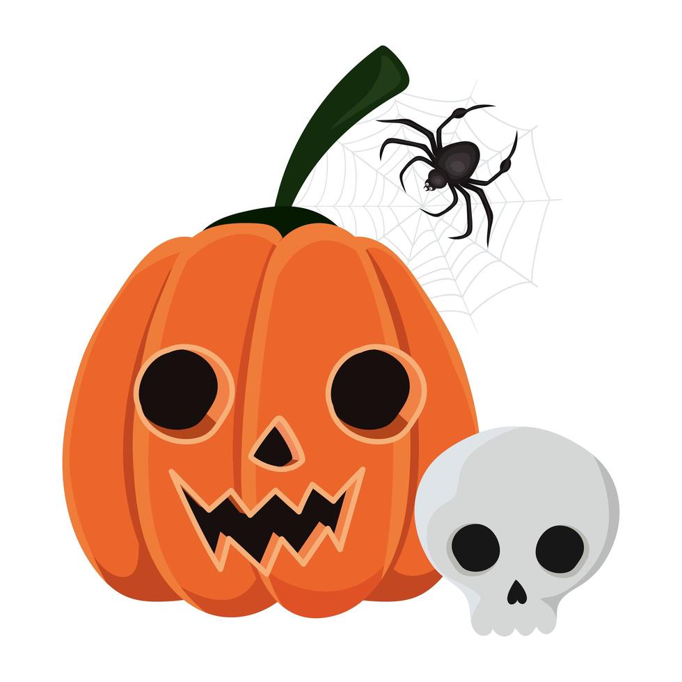 Halloween pumpa skalle och spindel tecknad film design vektor