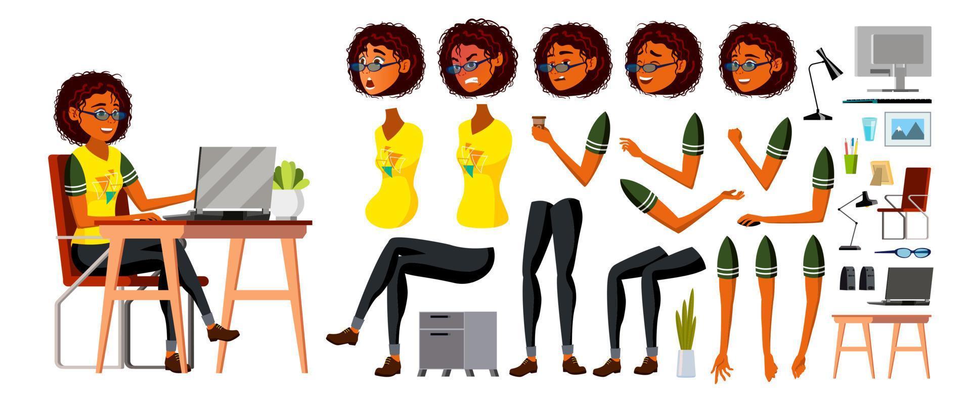 afrikansk svart företag kvinna karaktär vektor. arbetssätt amerikan kvinna flicka. företag afrikansk svart karaktär arbetssätt på kontor skrivbord. animering uppsättning. lady. tecknad serie illustration vektor