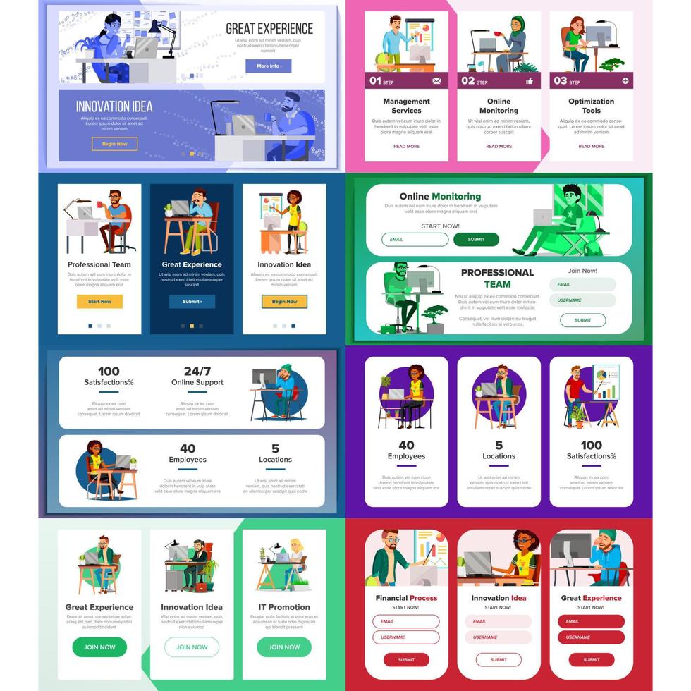 Website-Banner setzen Vektor. Horizontal, Vertikal. Site-Schema-Vorlage. Front-End-Site-Schema. Onboarding-Bildschirm. Responsive Banner-Oberfläche. Cartoon-Person. Illustration vektor