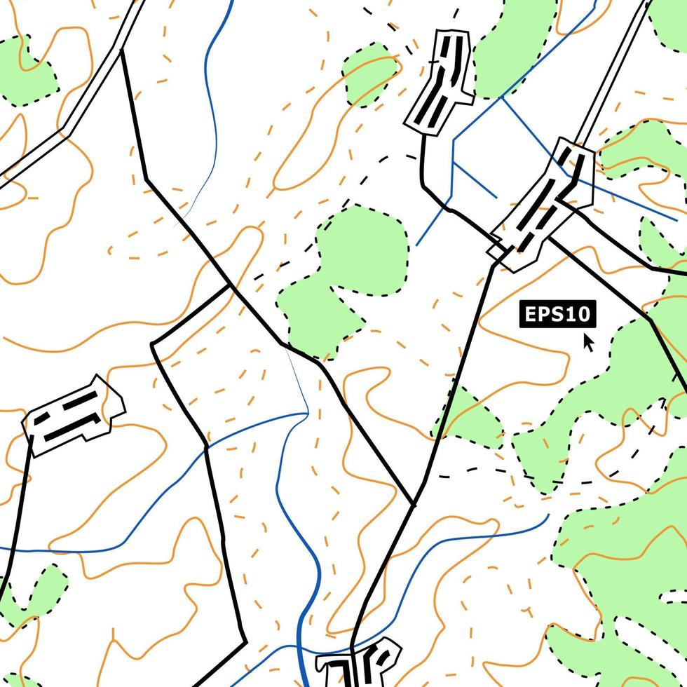 topografisches Kartenhintergrundkonzept mit Straßen, Wäldern, Siedlungen, Reliefkonturen. Kartographie-Vektorgrafik in Farbe. vektor