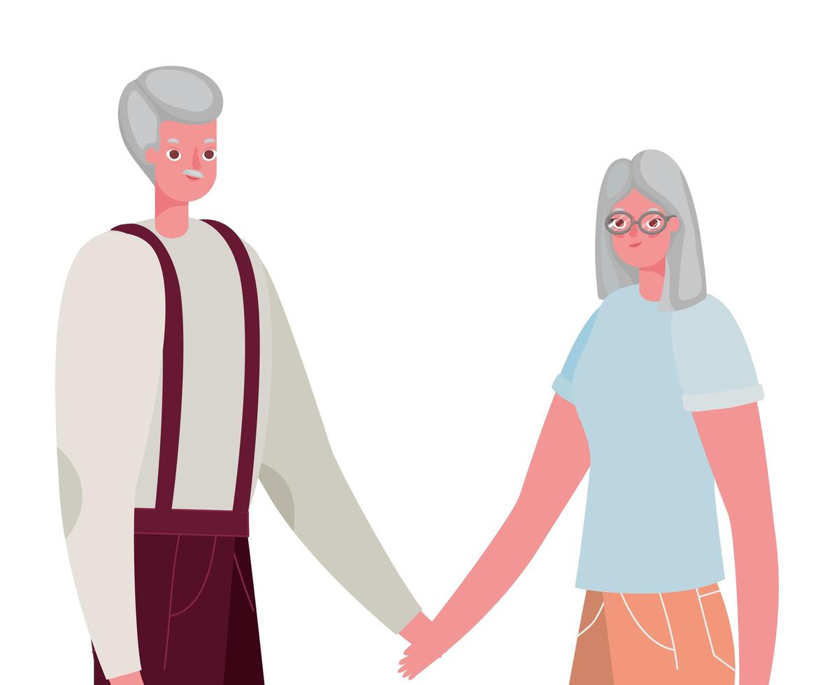 ältere Frau und Mann Cartoons Händchen haltend vektor
