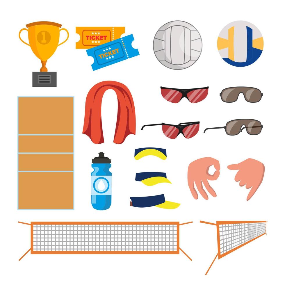 Beach-Volleyball-Symbole setzen Vektor. Volleyball-Zubehör. tasse, tickets, ball, brille, handtuch, feld, wasser, gesten, mütze, sand, sommer. isolierte flache karikaturillustration vektor