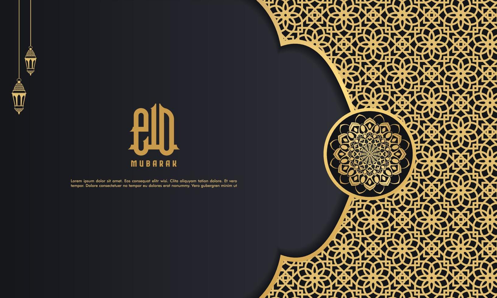 glückliches eid mubarak, islamischer grußkarten-schwarz-goldener farbdesignhintergrund mit islamischer moderner verzierung vektor