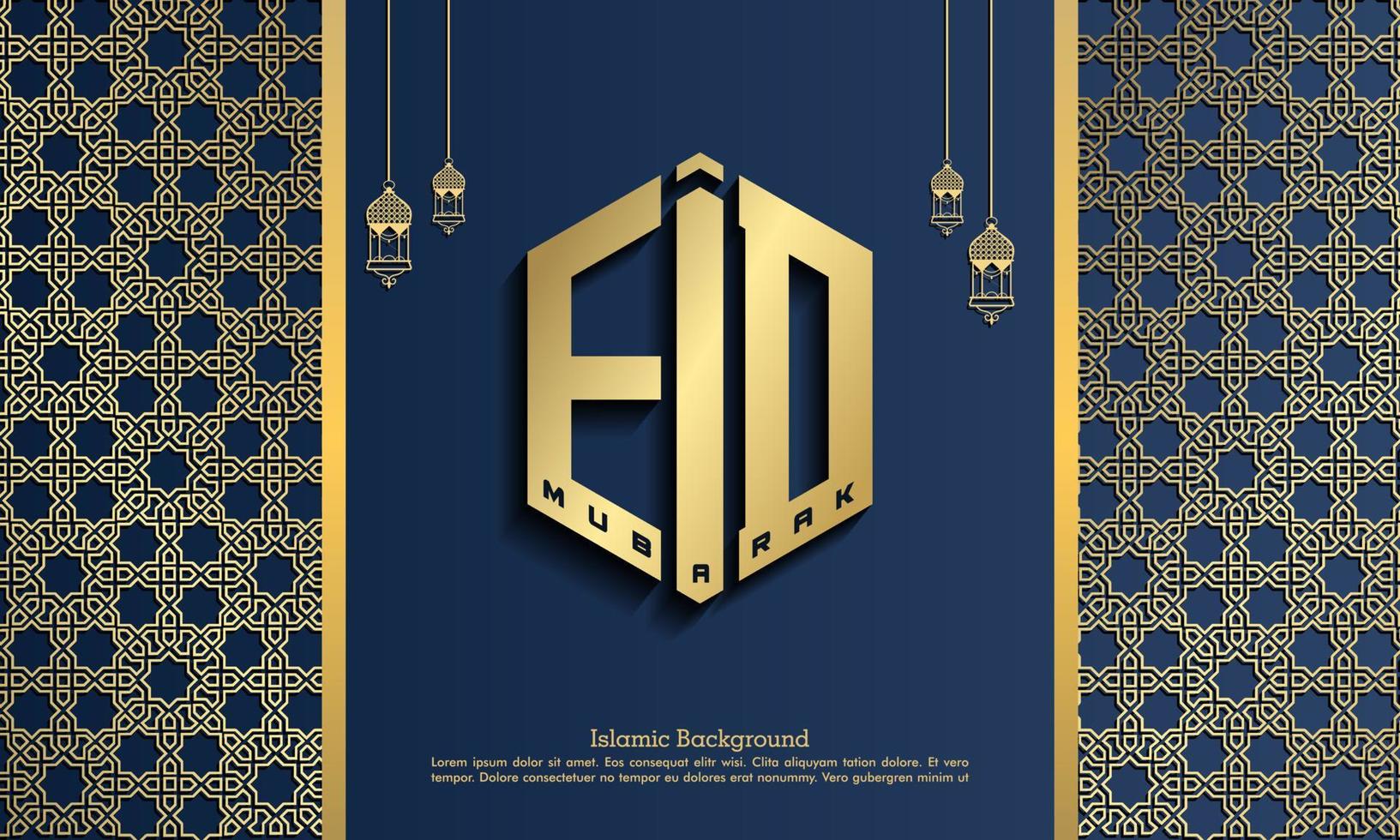 Lycklig eid mubarak, islamic hälsning kort blå och guld Färg design bakgrund med islamic modern prydnad vektor