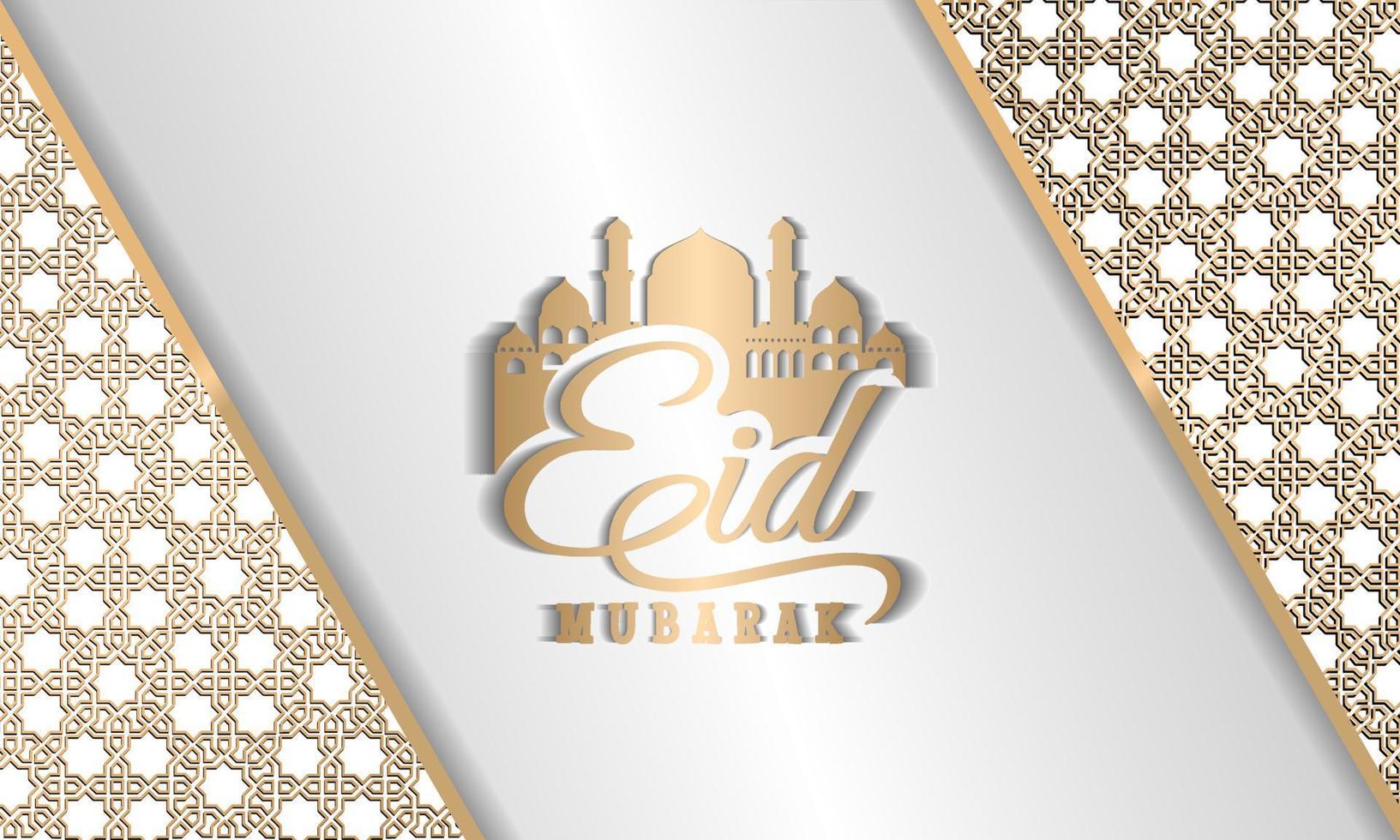 glückliches eid mubarak, goldener und weißer farbdesignhintergrund der islamischen grußkarte mit islamischer moderner verzierung vektor