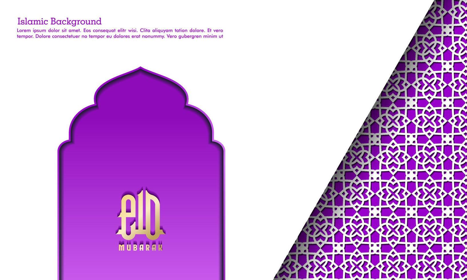 glückliches eid mubarak, islamische grußkarte lila und weißer farbdesignhintergrund mit islamischer moderner verzierung vektor