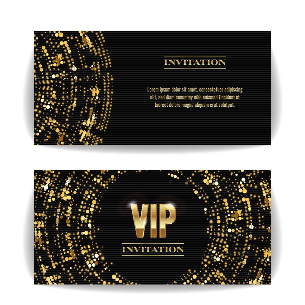 VIP-Einladungskartenvektor. Party-Premium-Flyer mit leerem Poster. schwarze goldene Designvorlage. dekorativer Vorlagenhintergrund. Mosaik facettierte Buchstaben. vektor