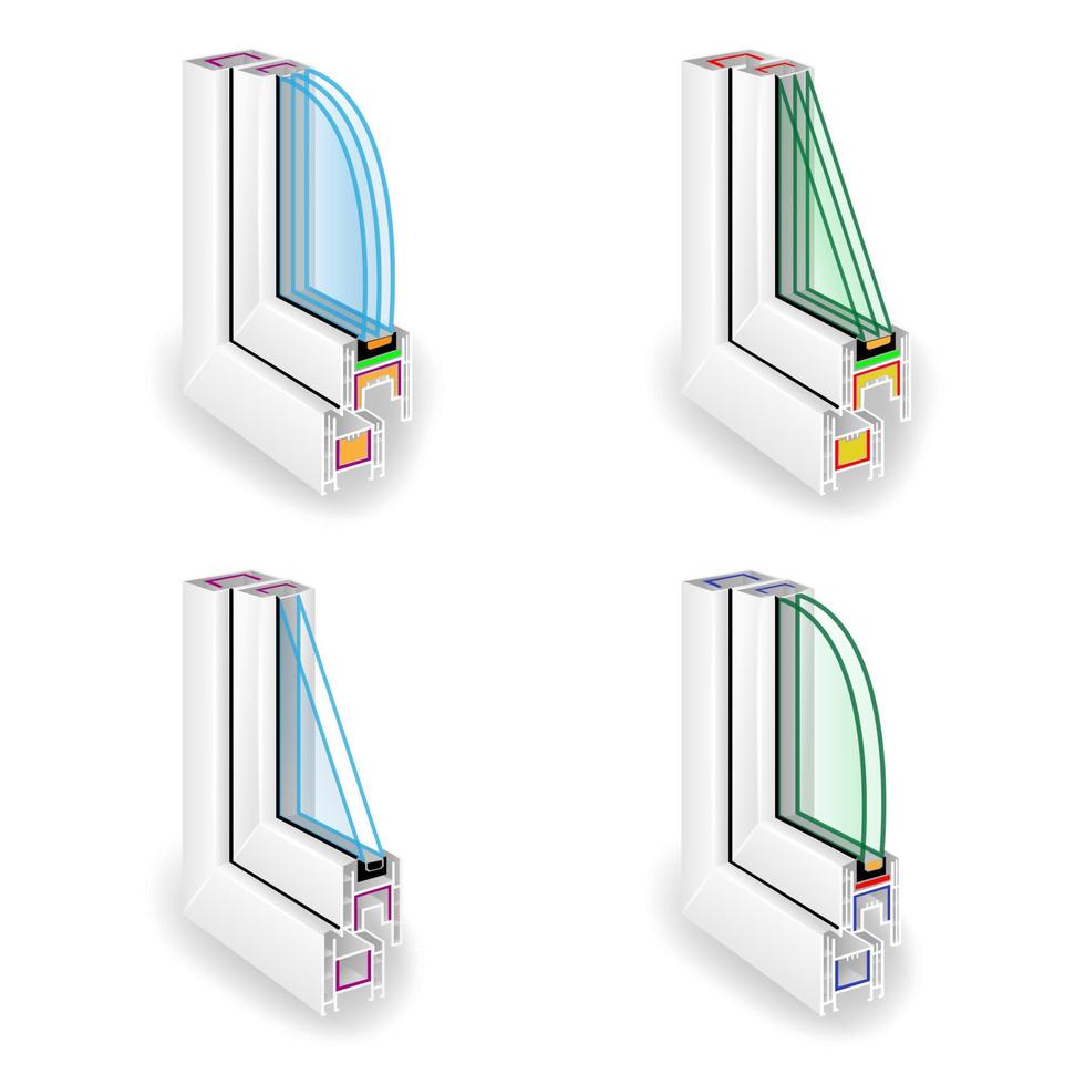 plast fönster ram profil uppsättning. energi effektiv fönster korsa sektion. två och tre transparent glas. vektor illustration