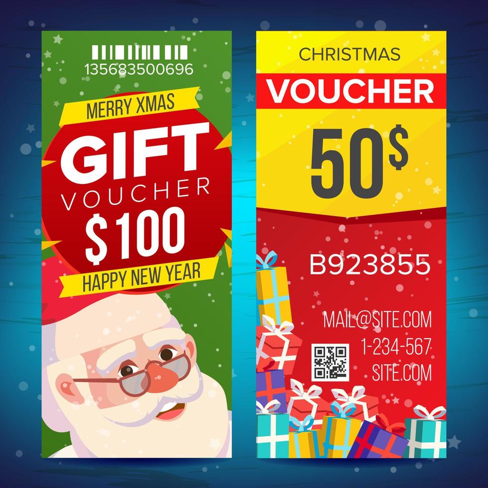 jul voucher mall vektor. vertikal kort. Lycklig ny år. santa claus och gåvor. högtider annons. gåva certifikat illustration vektor