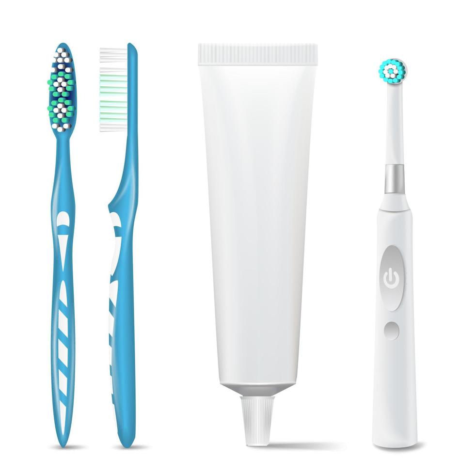 tandkräm rör, plast och elektrisk tandborste vektor. falsk upp för branding design. isolerat dental vård hälsa, hygien friska illustration. vektor