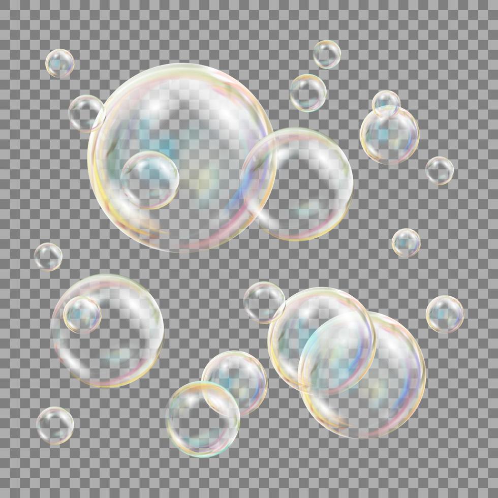3d tvål bubblor transparent vektor. sfär boll. vatten och skum design. isolerat illustration vektor