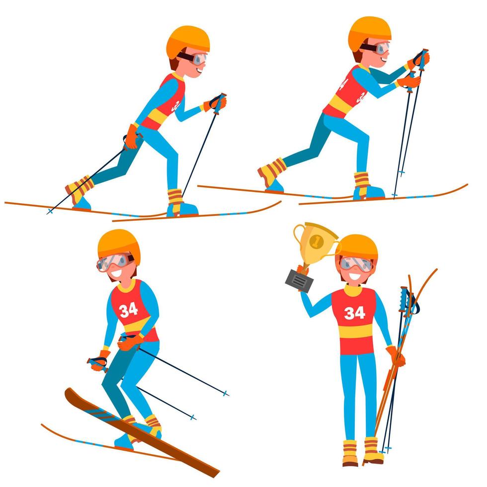 Skifahren junger Mann Spielervektor. Mann. Skigebiet. Skifahren in den Bergen. flache athletenkarikaturillustration vektor