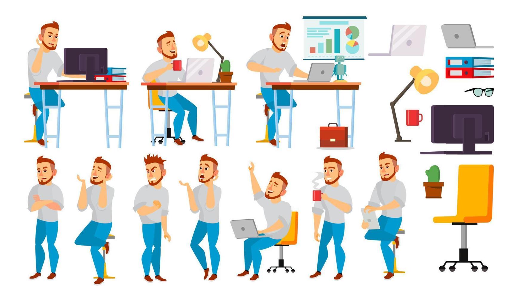 Business-Charakter-Vektor. arbeitende Menschen eingestellt. Umgebungsprozess. Büro, Kreativstudio. volle Länge. Programmierer, Designer, Manager. verschiedene posen, gesichtsemotionen. zeichentrickfigur illustration vektor