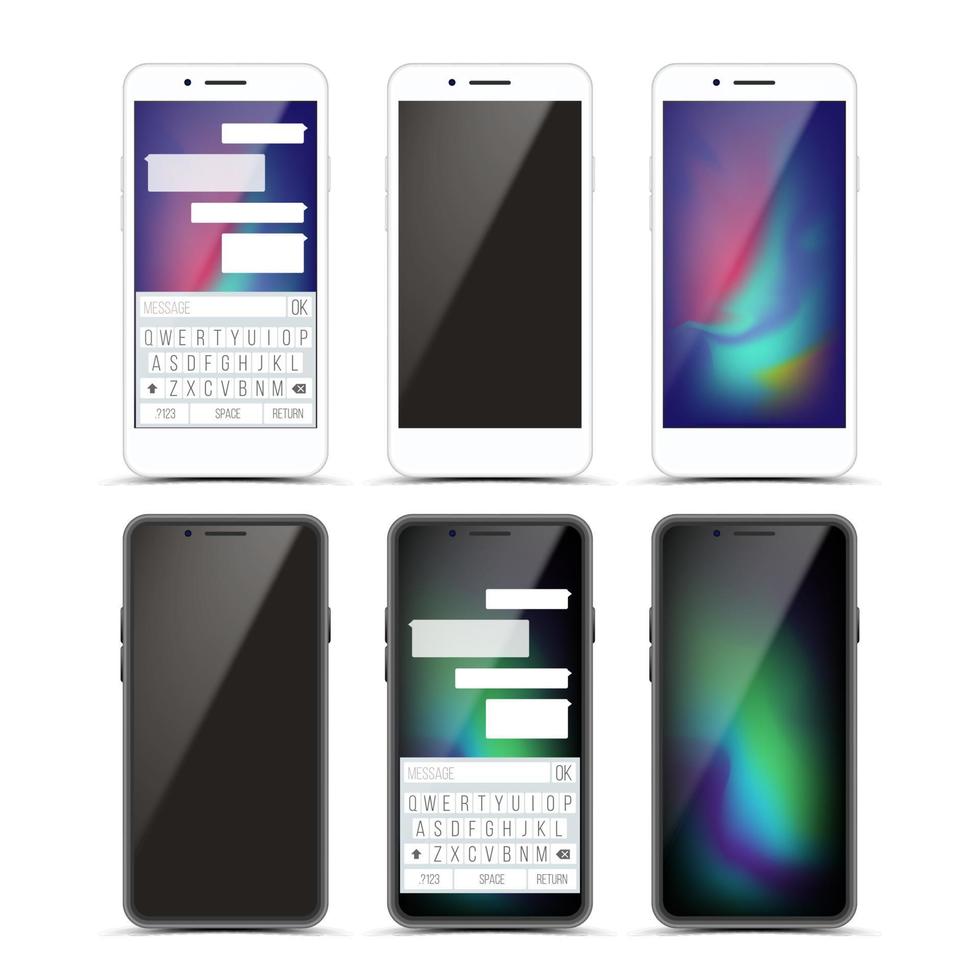 Smartphone-Mockup-Set-Design-Vektor. Vorderansicht des modernen, trendigen Schwarz-Weiß-Handys. isoliert auf weißem Hintergrund. realistische 3D-Darstellung vektor