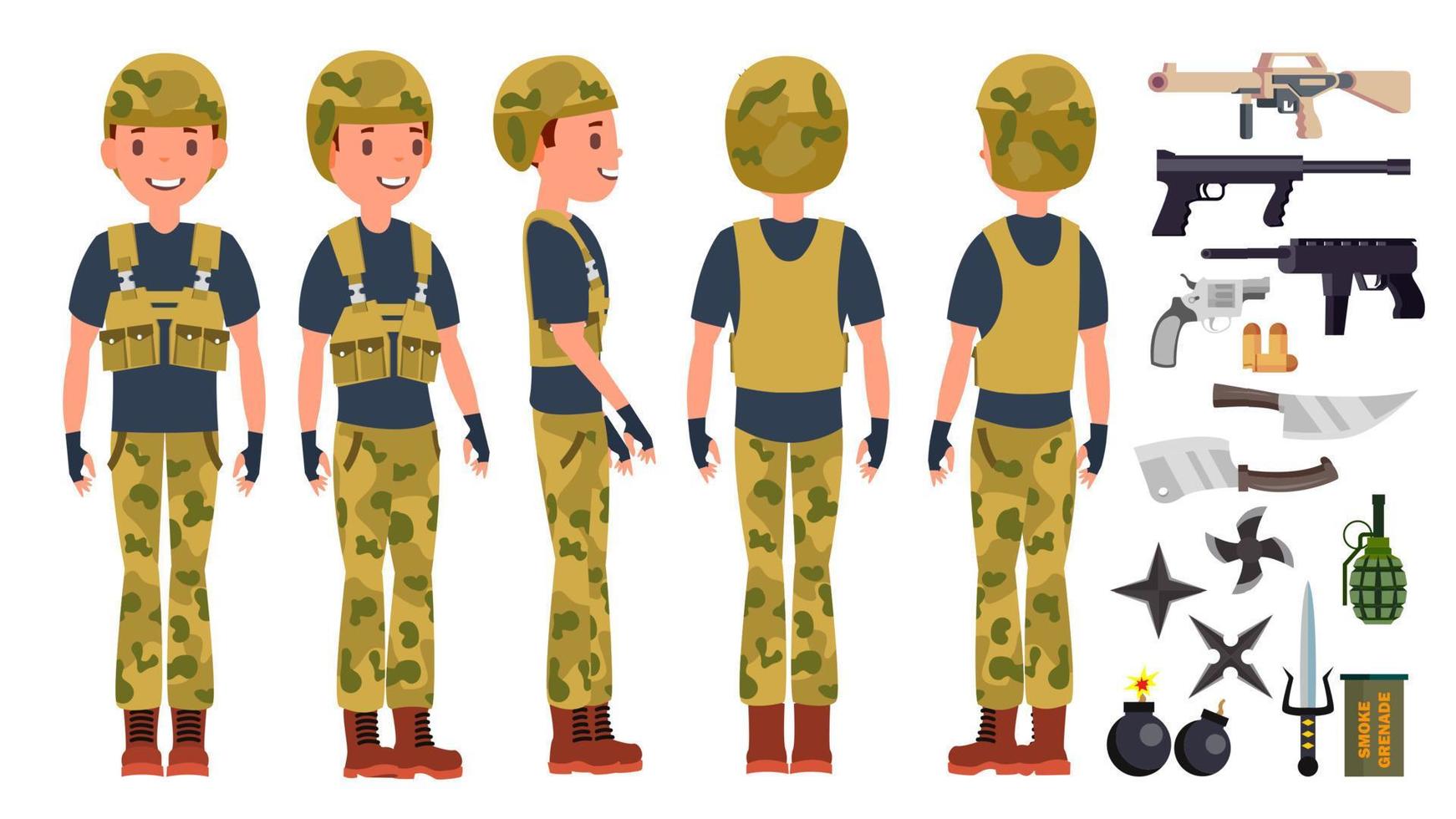 Soldat Mann Set Vektor. Posen. Armeeperson. Tarnuniform. Schütze. salutieren. cartoon militärische charakterillustration vektor