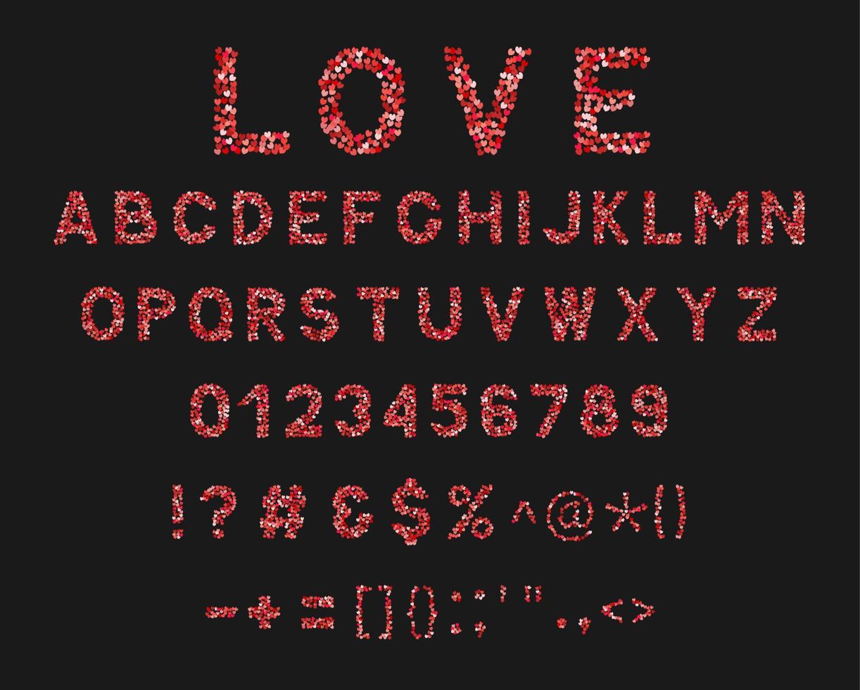 kärlek vektor alfabet. brev az, tal 0-9 och skiljetecken tillverkad av hjärtan nyanser av röd och rosa. kreativ font för valentines dag. latin versal symboler. lätt till redigera design mall.